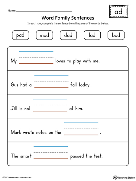 AD Word Family Sentences Printable PDF