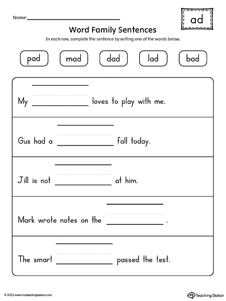 AD Word Family Sentences Worksheet
