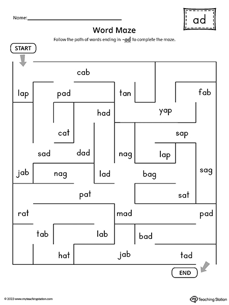 AD Word Family Word Maze Worksheet