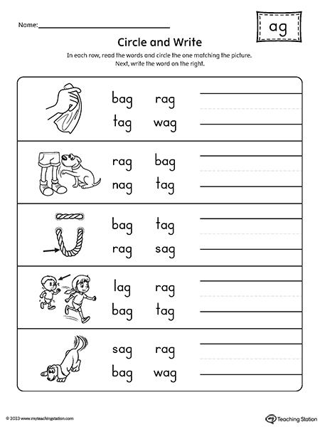 AG Word Family Match Word to Picture Worksheet