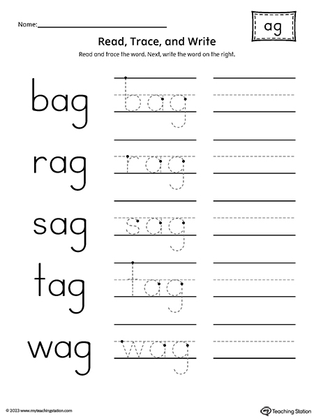 AG Word Family - Read, Trace, and Spell Worksheet