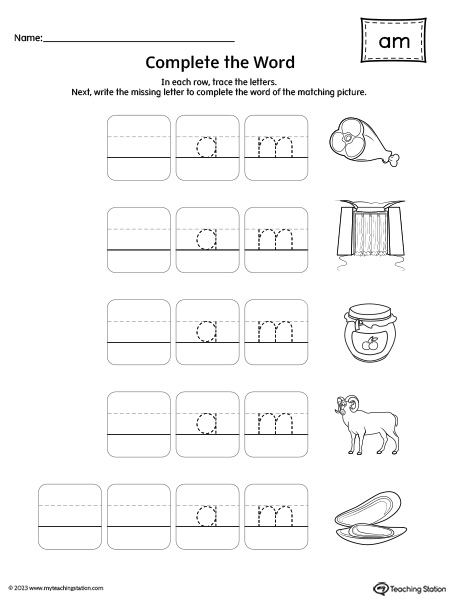 AM Word Family: Complete the Words Worksheet