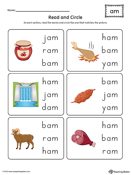 AM Word Family Match Picture to Words Printable PDF