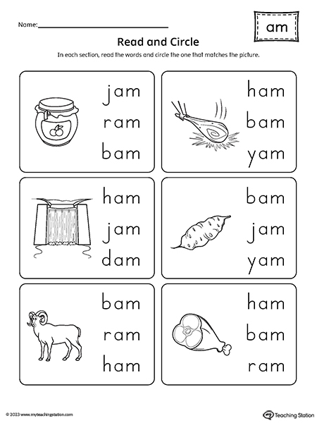 AM Word Family Match Picture to Words Worksheet