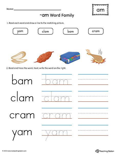 AM Word Family Match Pictures and Write Simple Words Printable PDF