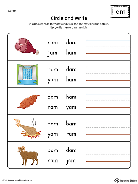 AM Word Family Match Word to Picture Printable PDF