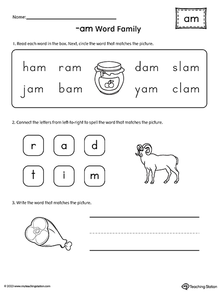 AM Word Family Match and Spell Worksheet