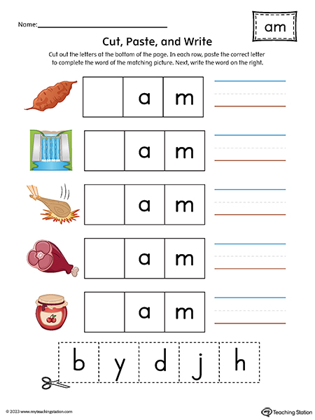 AM Word Family Picture Match Cut-and-Paste Printable PDF