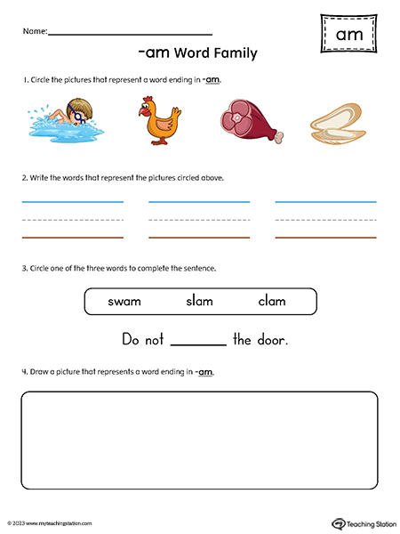 AM Word Family Picture and Word Match Printable PDF