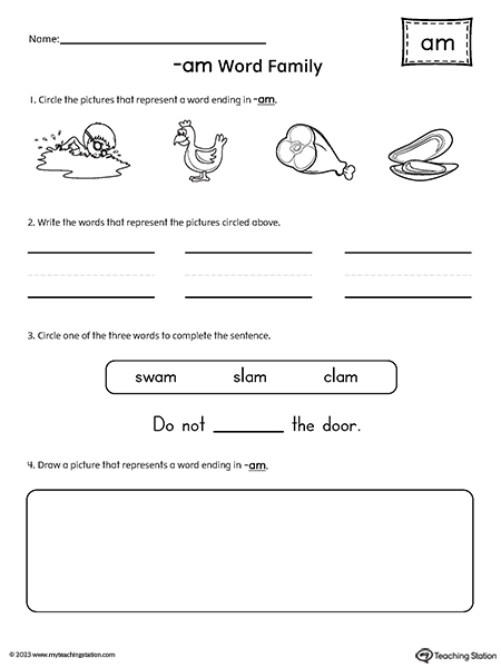 AM Word Family Picture and Word Match Worksheet