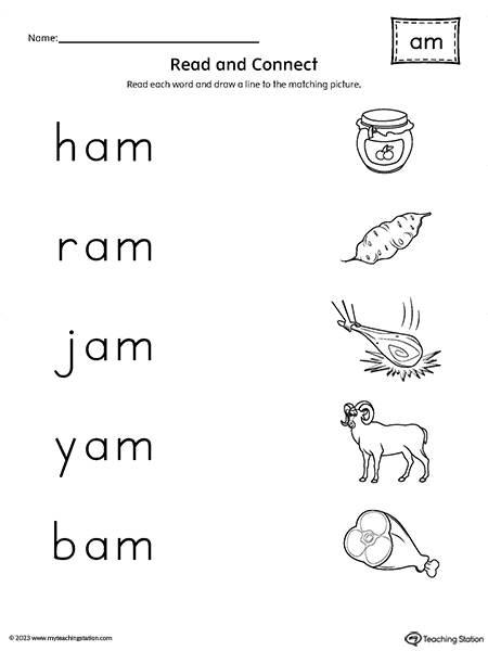 AM Word Family Read and Connect to Image Worksheet