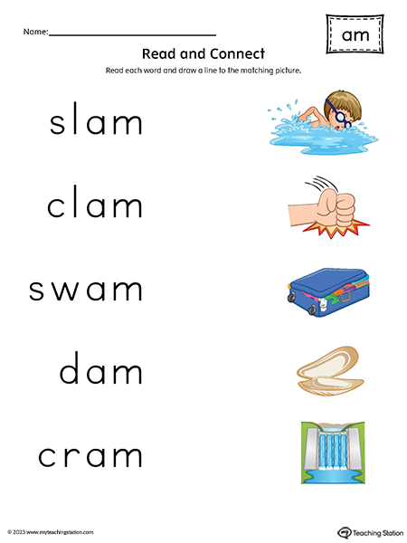 AM Word Family Read and Match Words to Pictures Printable PDF