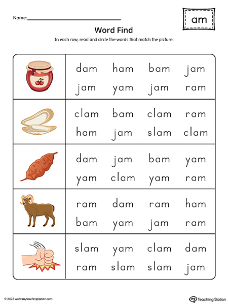 AM Word Family Word Find Printable PDF
