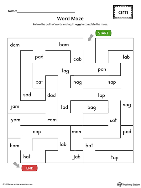 AM Word Family Word Maze Printable PDF