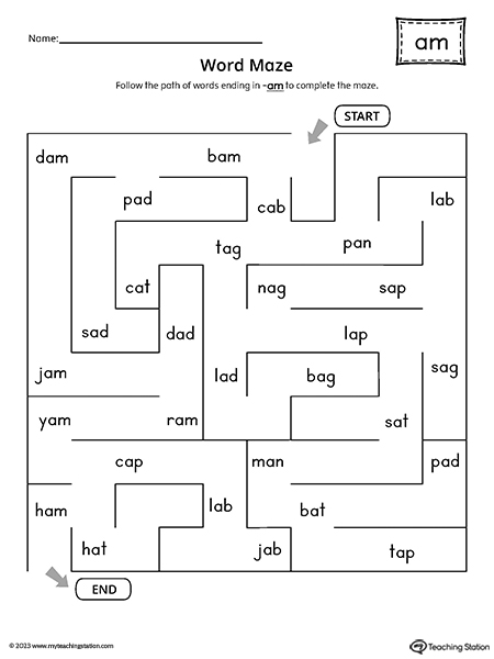 AM Word Family Word Maze Worksheet