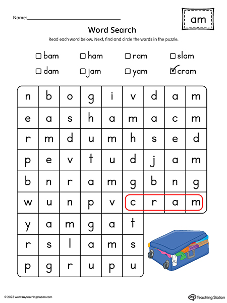 AM Word Family Word Search Printable PDF
