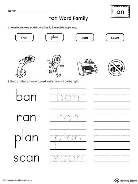 AN Word Family Match Pictures and Write Simple Words Worksheet