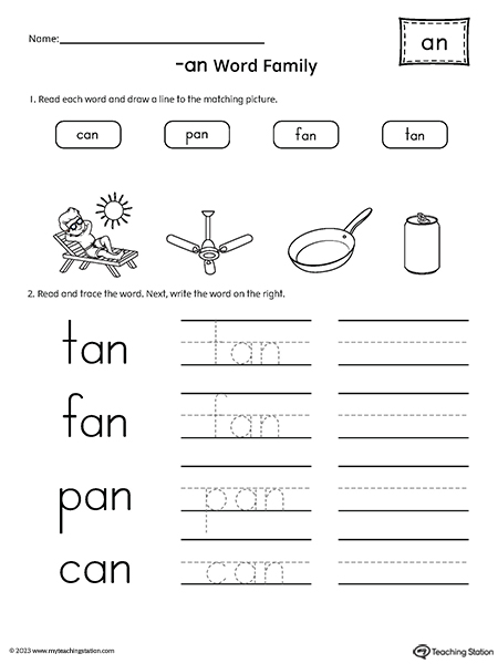 AN Word Family Match and Spell Words Worksheet