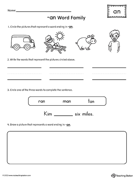 AN Word Family Picture and Word Match Worksheet