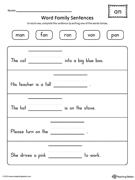 AN Word Family Sentences Worksheet