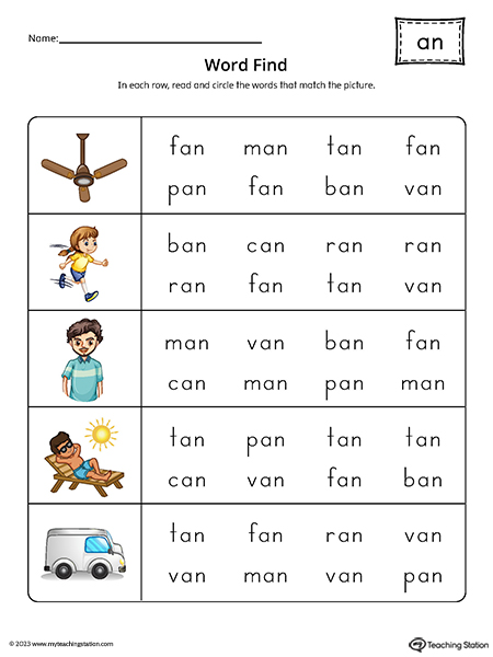 AN Word Family Word Find Printable PDF