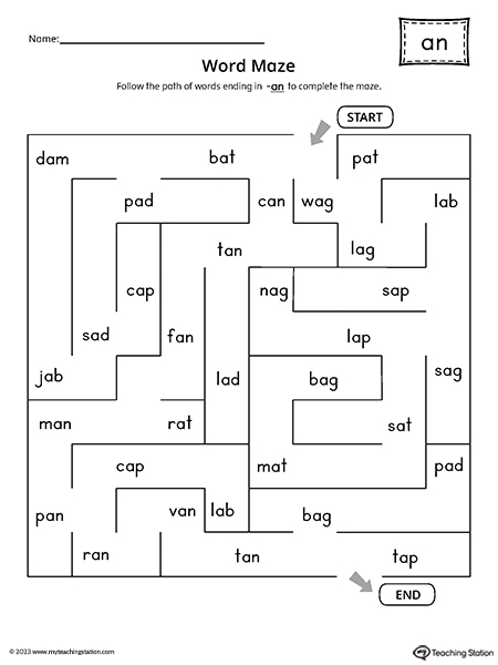 AN Word Family Word Maze Worksheet