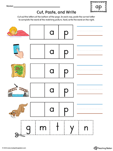 AP Word Family CVC Picture Match Cut-and-Paste Printable PDF