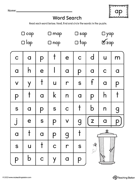 AP Word Family CVC Word Search Worksheet