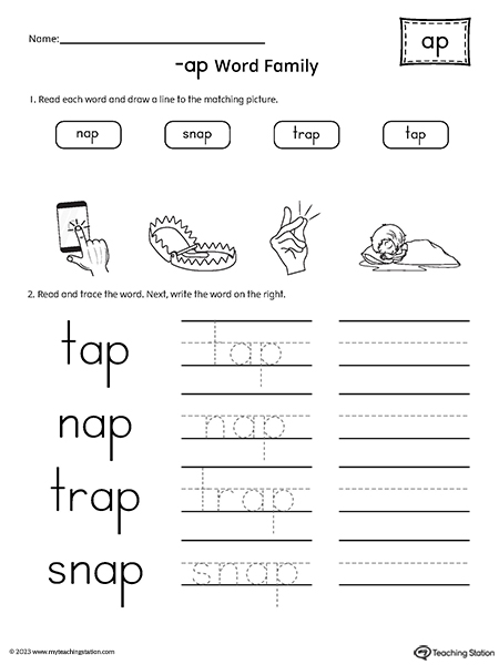 AP Word Family Match Pictures and Write Simple Words Worksheet