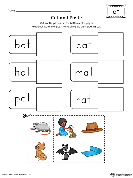 AT Word Family CVC Cut-and-Paste Printable PDF