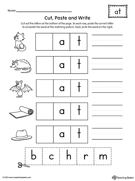 AT Word Family CVC Picture Match Cut-and-Paste Worksheet