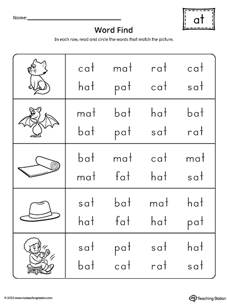 AT Word Family CVC Word Find Worksheet