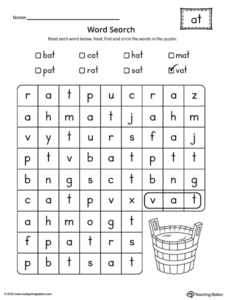 AT Word Family CVC Word Search Worksheet