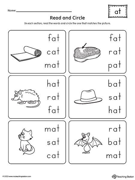 AT Word Family Match Picture to Words Worksheet