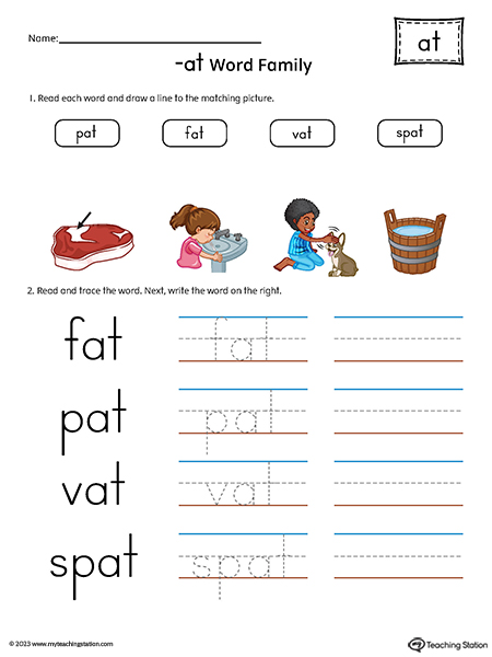 AT Word Family Match Pictures and Write Simple Words Printable PDF