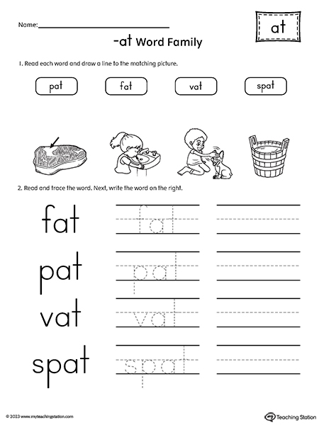 AT Word Family Match Pictures and Write Simple Words Worksheet