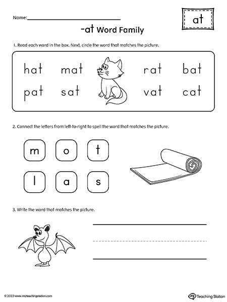 AT Word Family Match and Spell Worksheet