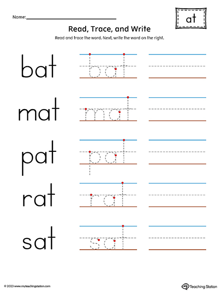 AT Word Family - Read, Trace, and Spell CVC Words Printable PDF