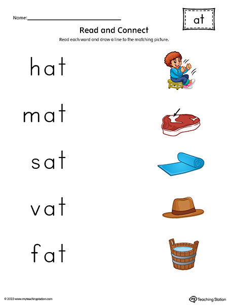 AT Word Family Read and Match CVC Words to Pictures Printable PDF
