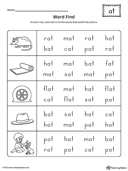 AT Word Family Word Find Worksheet