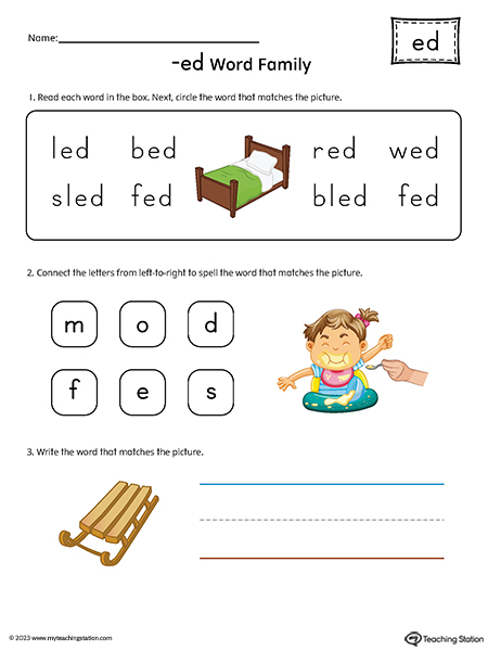 ED Word Family Match and Spell Printable PDF