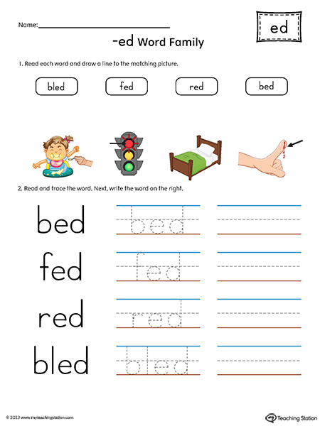 ED Word Family Match and Spell Words Printable PDF