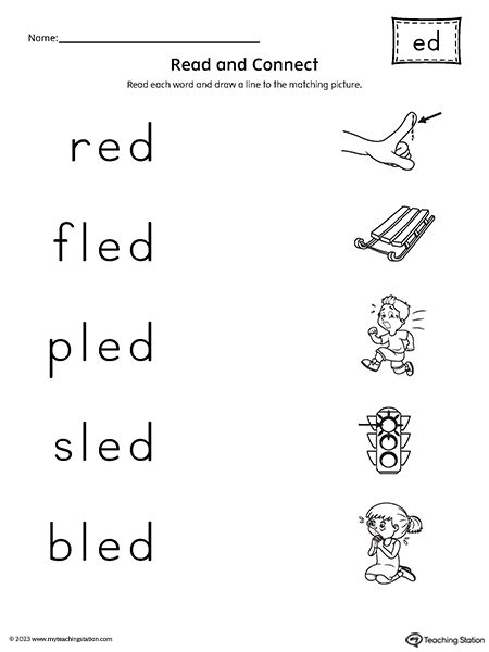 ED Word Family Read and Match Words to Pictures Worksheet