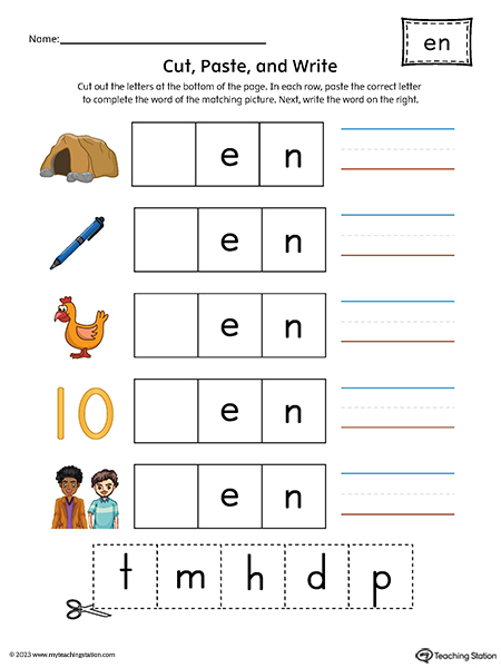 EN Word Family CVC Picture Match Cut-and-Paste Printable PDF