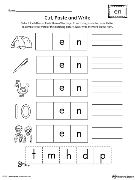 EN Word Family CVC Picture Match Cut-and-Paste Worksheet