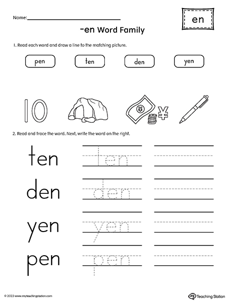 EN Word Family Match and Spell CVC Words Worksheet