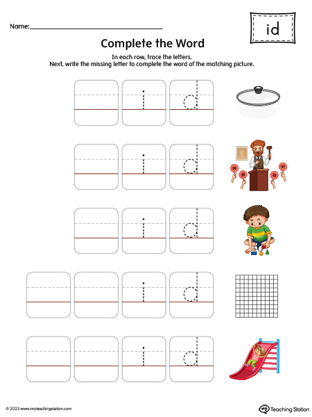 ID Word Family: Complete the Words Printable Activity