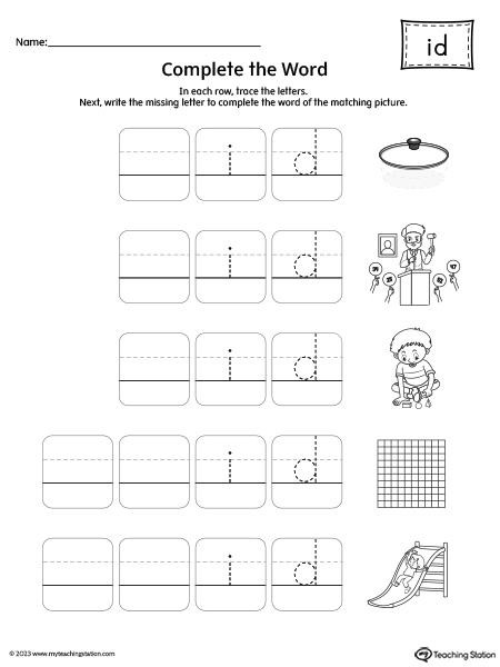 ID Word Family: Complete the Words Worksheet