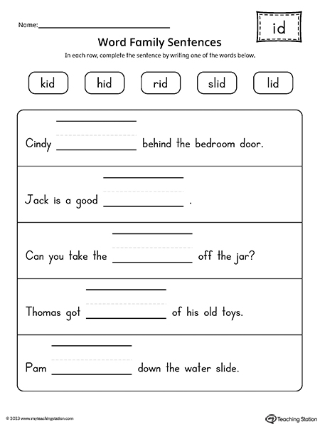 ID Word Family Sentences Worksheet