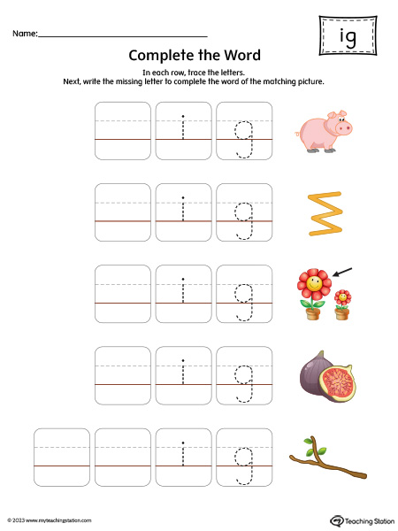 IG Word Family: Complete the Words Printable Activity